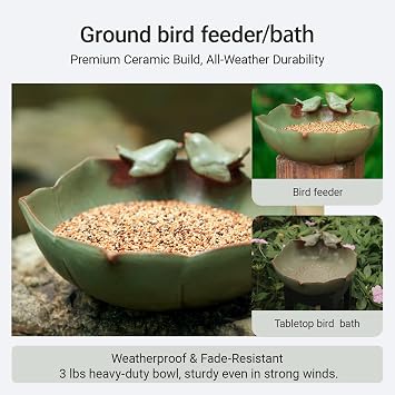 Ceramic Ground Bird Bath Bowl with Solar Powered Bubbler Fountain | 10.1 Tabletop BirdBath bowl only With Solar powered Fountain for Outdoors, Garden, Patio, Balcony & Yard Decor