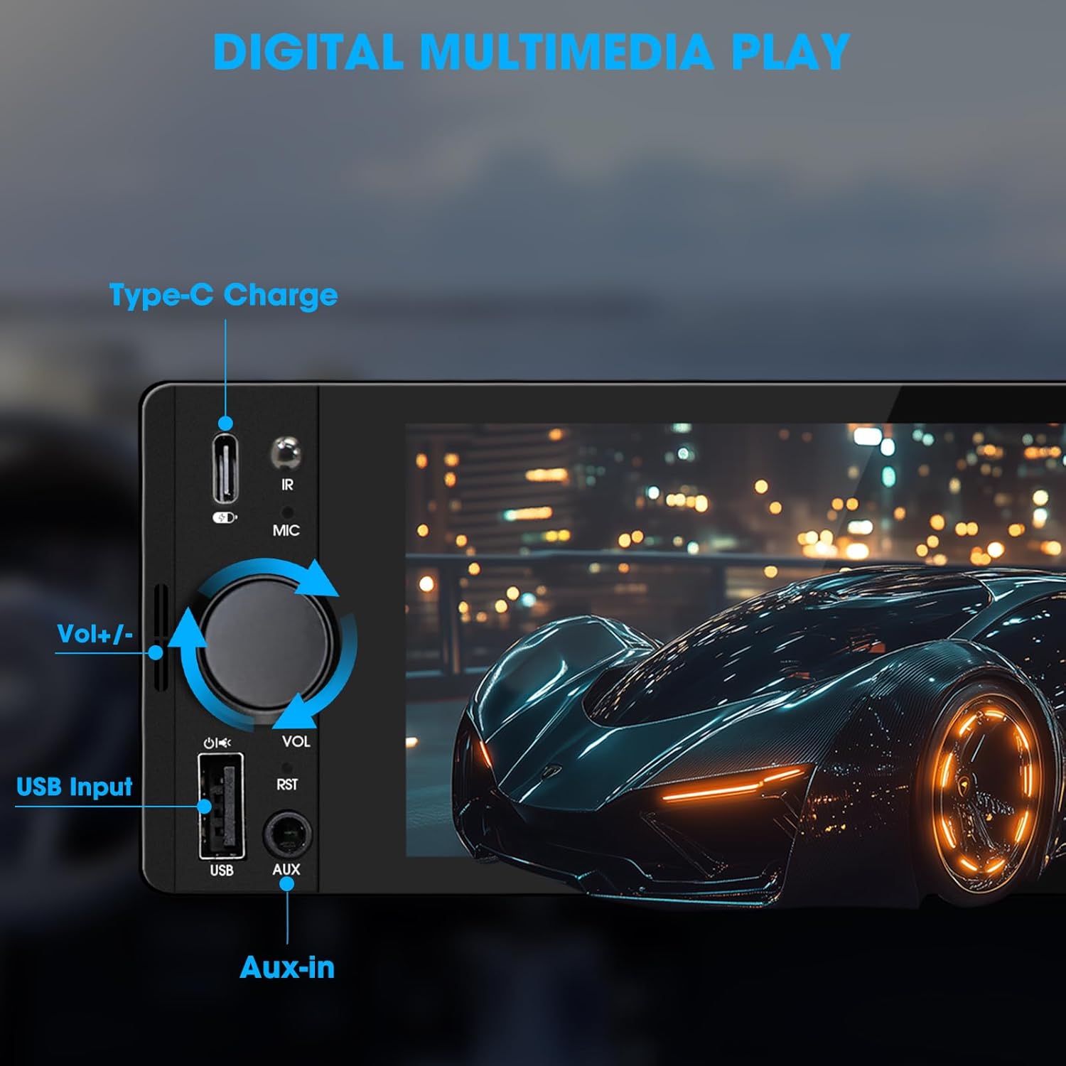 Front panel of the Single Din Touchscreen Radio showing USB, AUX, Type-C ports and volume knob