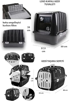 Premium cat starter set - Luxury indoor cat toilet, carrying basket, bed, scratching, 3-layer toy, mop, food bowl, showl - LKT2