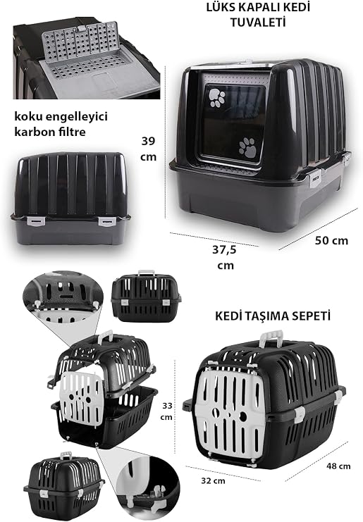 Premium cat starter set - Luxury indoor cat toilet, carrying basket, bed, scratching, 3-layer toy, mop, food bowl, showl - LKT2