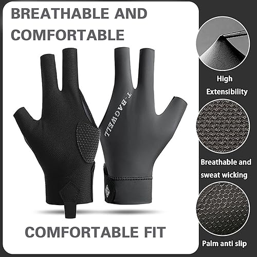 Miniatura 3 de Guantes de billar para piscina, mano izquierda y derecha, guantes universales de 3 dedos, guantes deportivos para mujeres y hombres, kit de juego de