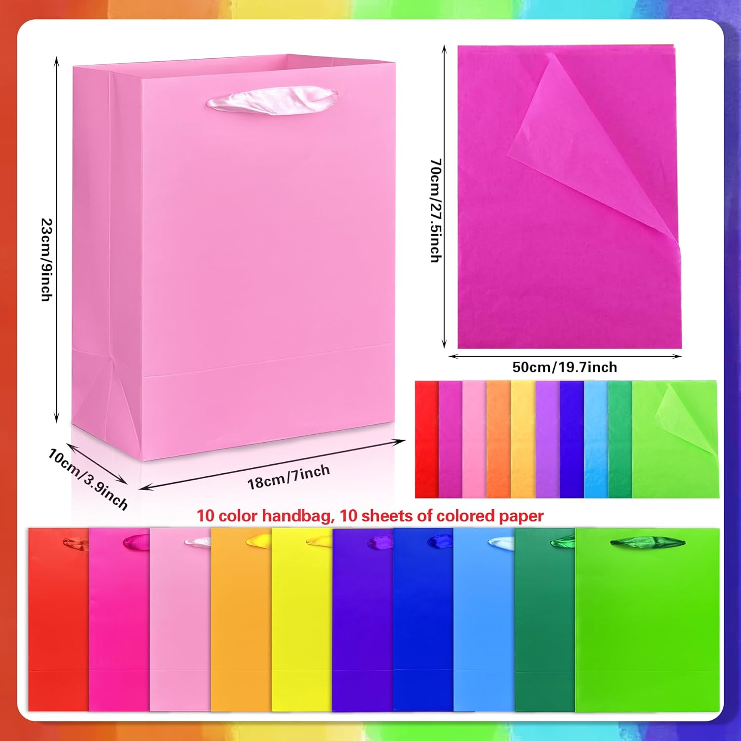 MUMULULU 10 PCS Medium Gift Bags with Handles and Tissue Paper Rainbow Colour Gift Bag Party Favor Bags for Birthday Baby Shower Wedding Holiday Presents - Image 2