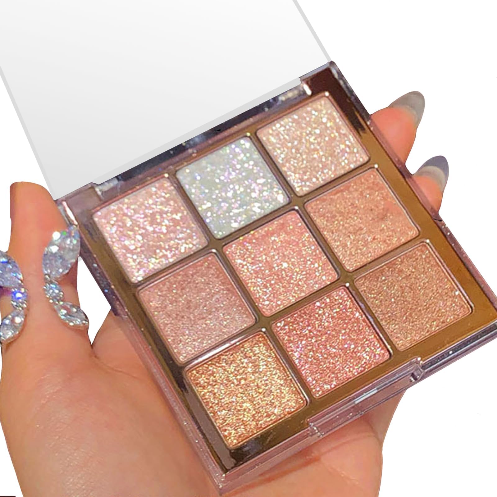 Glitter Eyeshadow Palette, Shimmer Eye Shadow Pallets for Women, 9 Colour Glitter Eye Make-Up Palettes, Gold, White, Pink Highly Pigmented Eye Shadow Palette for Girls Make Up