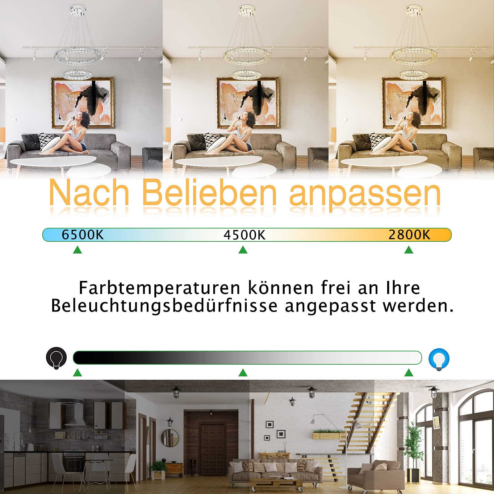 YRHome - Lampadario a LED con cristalli da 72 W, a tre anelli, dimmerabile, lampadario da soffitto, lampadario a sospensione, altezza regolabile, per sala da pranzo o soggiorno, moderna