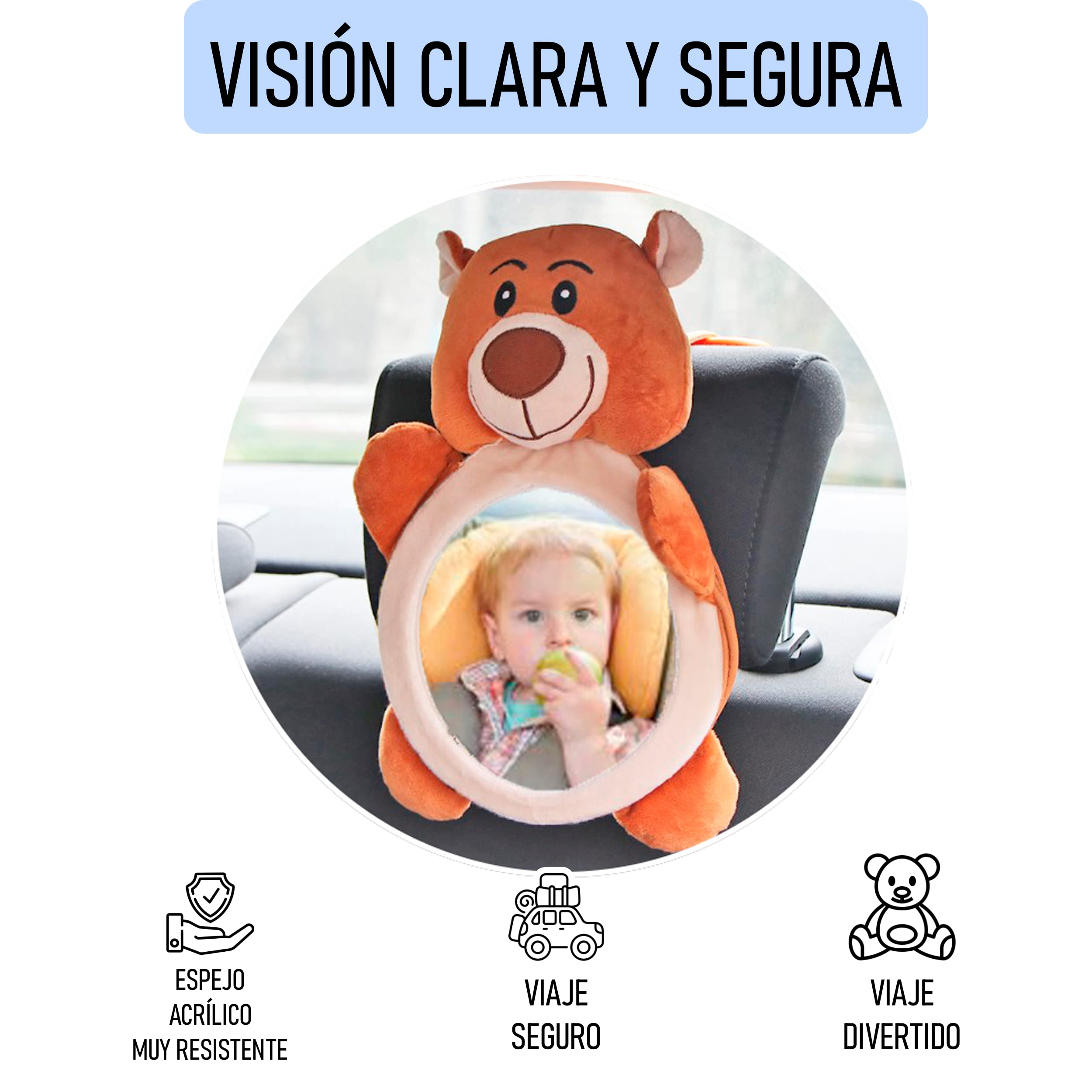 Espejo Coche Bebé Asiento Trasero de Osito de Peluche. Espejo Retrovisor de Bebé para los Asientos Traseros. Accesorio de Coche Universal. Seguro y Fácil de Instalar