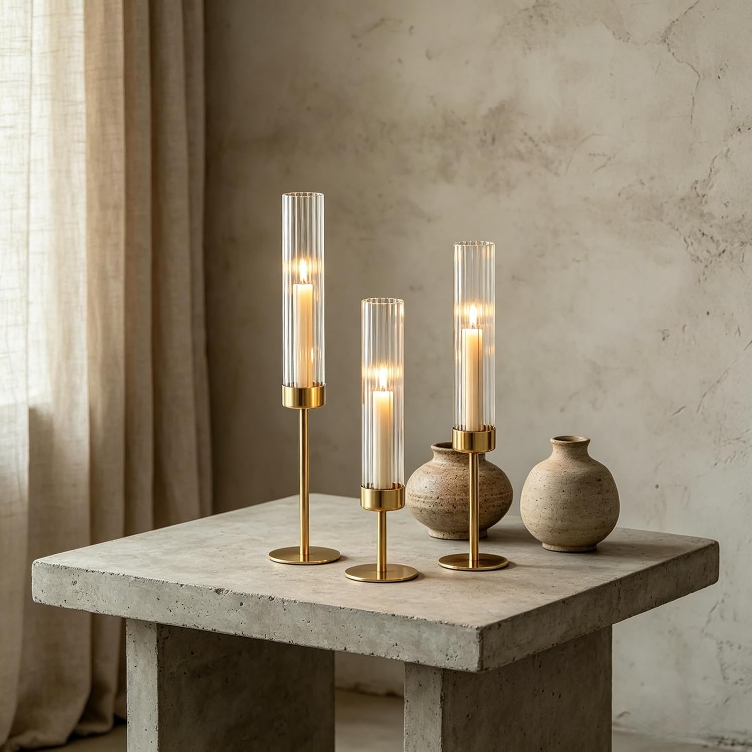 Hurricane Candle Holders Brass Gold Candlestick Holders Tall Taper Candle Holders for Candlesticks Candle Sticks Holder Decor for Table Centerpiece Wedding Party Decorations (Gold-Ribbed Glass 6pcs)