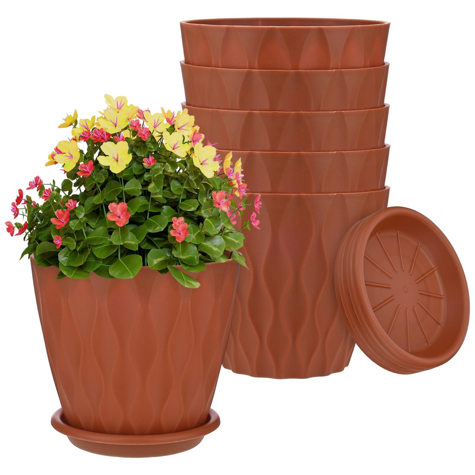 M METERXITY 6-Set Plant Pots, 6 Inch Plastic Water Ripple Flower Pots with Drainage Hole and Tray Saucer for Outdoor/Patio/Garden/Home Decor, Planters for Indoor Plants [Deep Red]