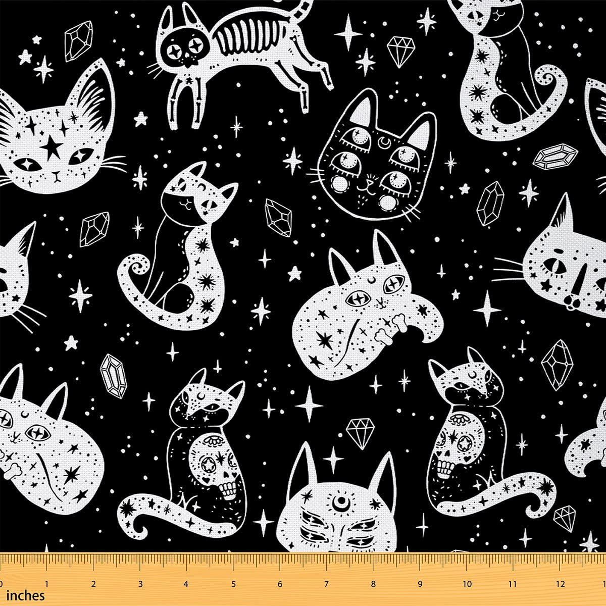 Cat Skeleton Fabric by The Yard,Starry Galaxy Exotic Style Upholstery Fabric for Chairs,Halloween Theme Gothic Skull Print Decorative Waterproof Outdoor Fabric,3 Yards,Black White