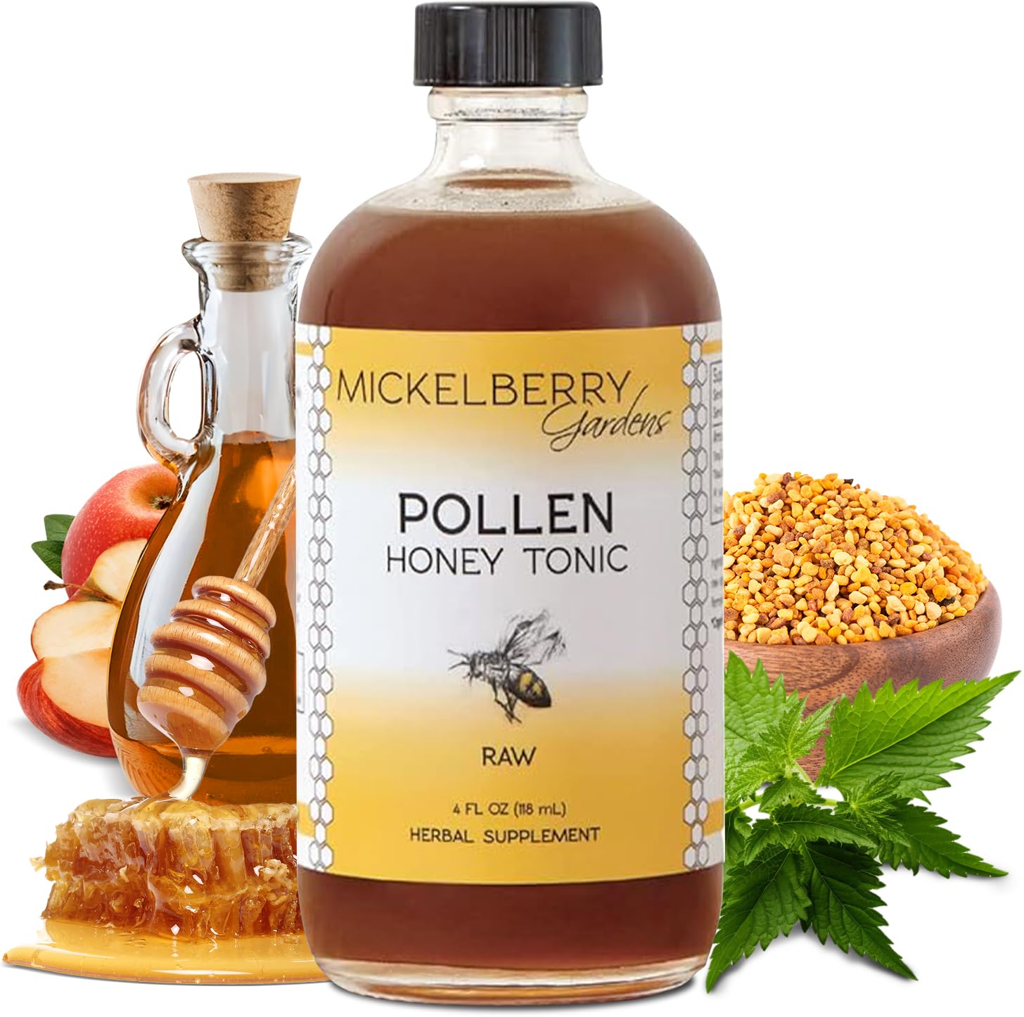 Mickelberry Gardens Xarope fitoterápico de pólen de abelha, urtiga e mel, 120 mL