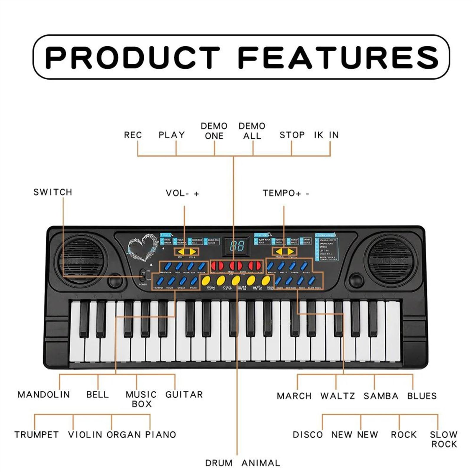 Wielofunkcyjne 37 Klawiszy Pianino Elektroniczne Przenośna Klawiatura Elektroniczna Dla Studentów Przenośne Keyboardy Pianino (Color : 01)