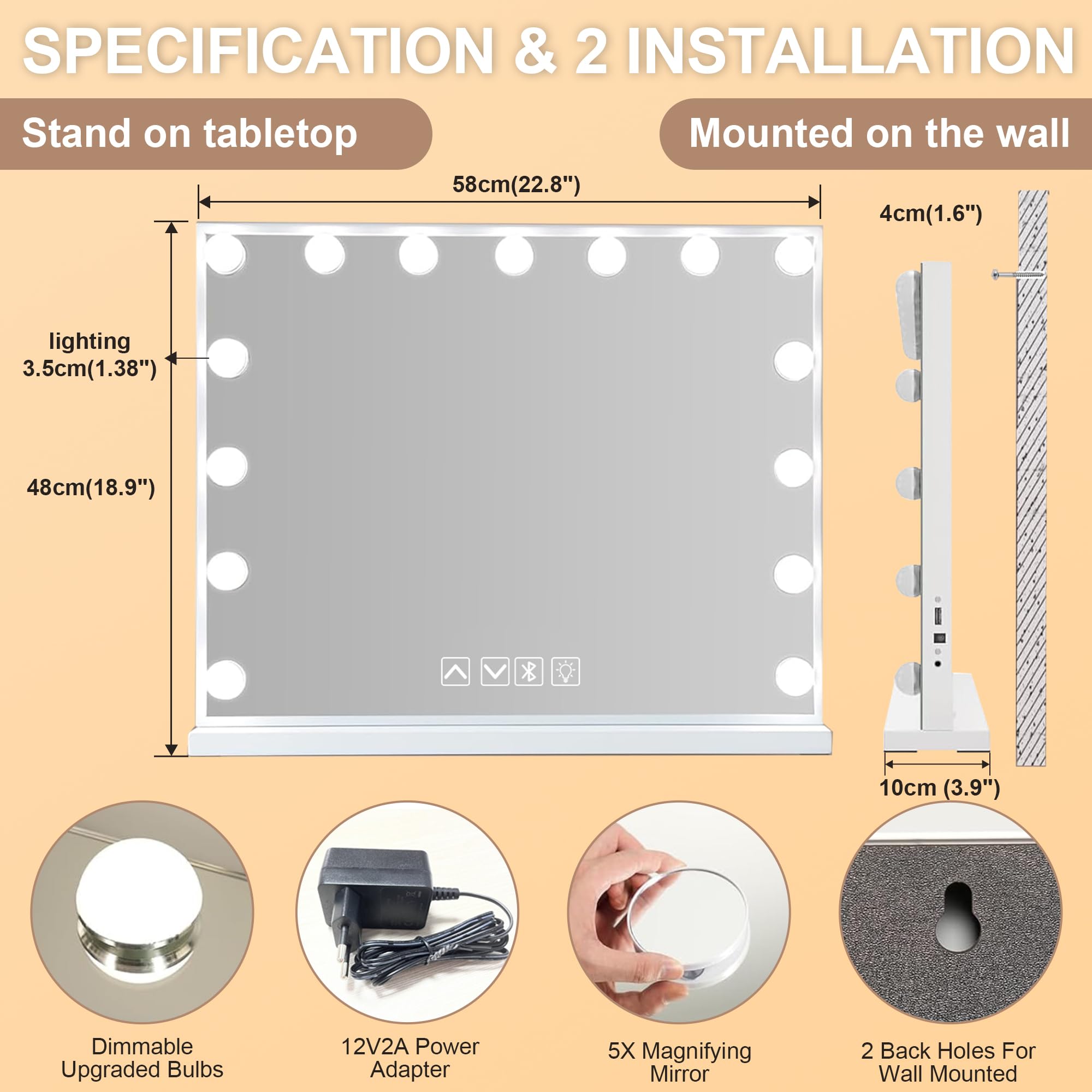 Hollywood Espejo con Bluetooth con 15 lámparas LED, Espejo de Maquillaje de 58 x 46 cm con Salida USB y Espejo de Aumento Bluetooth con 10 Aumentos, luz de Temperatura de 3 Colores