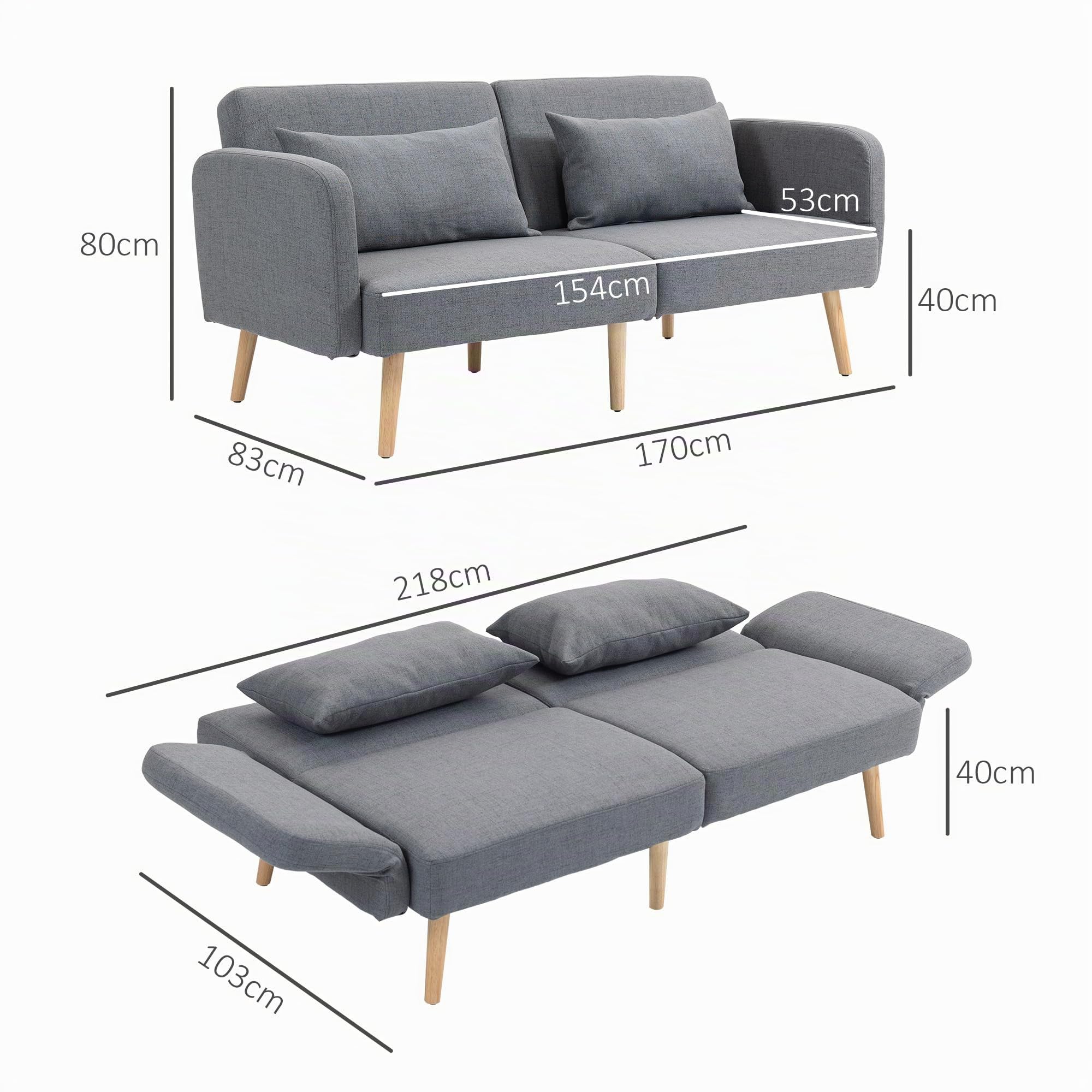 HOMCOM Schlafsofa 3-Sitzer-Sofa mit Bettfunktion 170 x 83 x 80 cm Grau