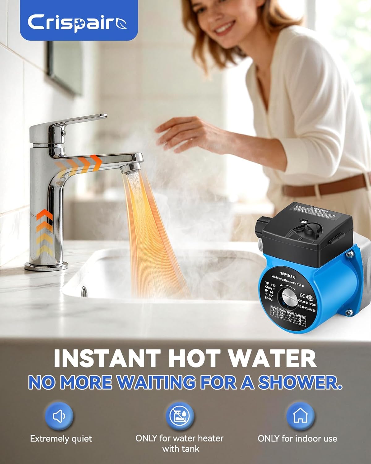 Instant Hot Water Recirculating Pump Kit with 304 Stainless Steel Bypass Valve, 20-in PEX Supply Lines for Potable Water, Smart Plug and Adapters with Rubber Washers for Tank Water Heaters