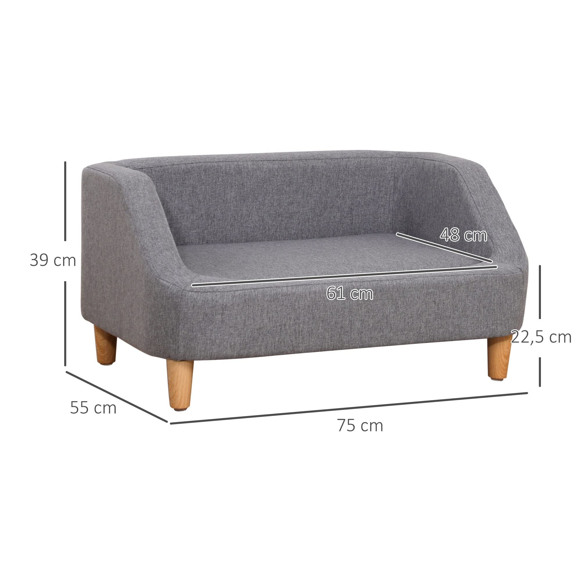 PawHut Canapé pour Chien lit pour Chien Animal Domestique Style scandinave Pieds en Bois revêtement Tissu déhoussable 75 x 55 x 39 cm - Gris