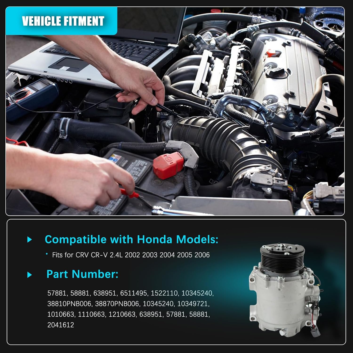 57881 AC Compressor with Clutch For Honda CR-V 2.4L 2002 2003 2004 2005 2006 A/C Compressor OE#58881 638951 6511495 1522110 10345240 38810PNB006 38870PNB006