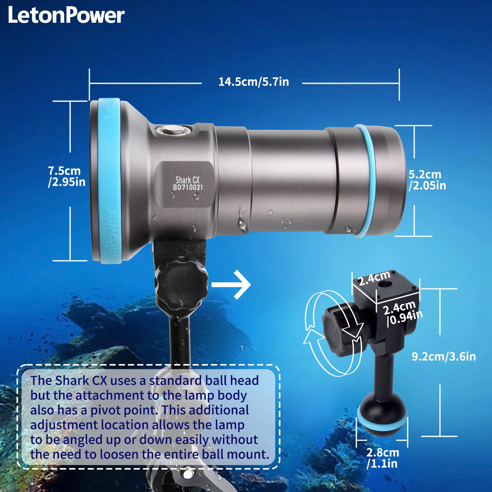 Shark CX Linterna Buceo Video 8000 Lúmenes - 120° CRI 98 3000K-5500K, A Prueba de Agua 120m, Recargable USB-C para Video y Foto Profesional
