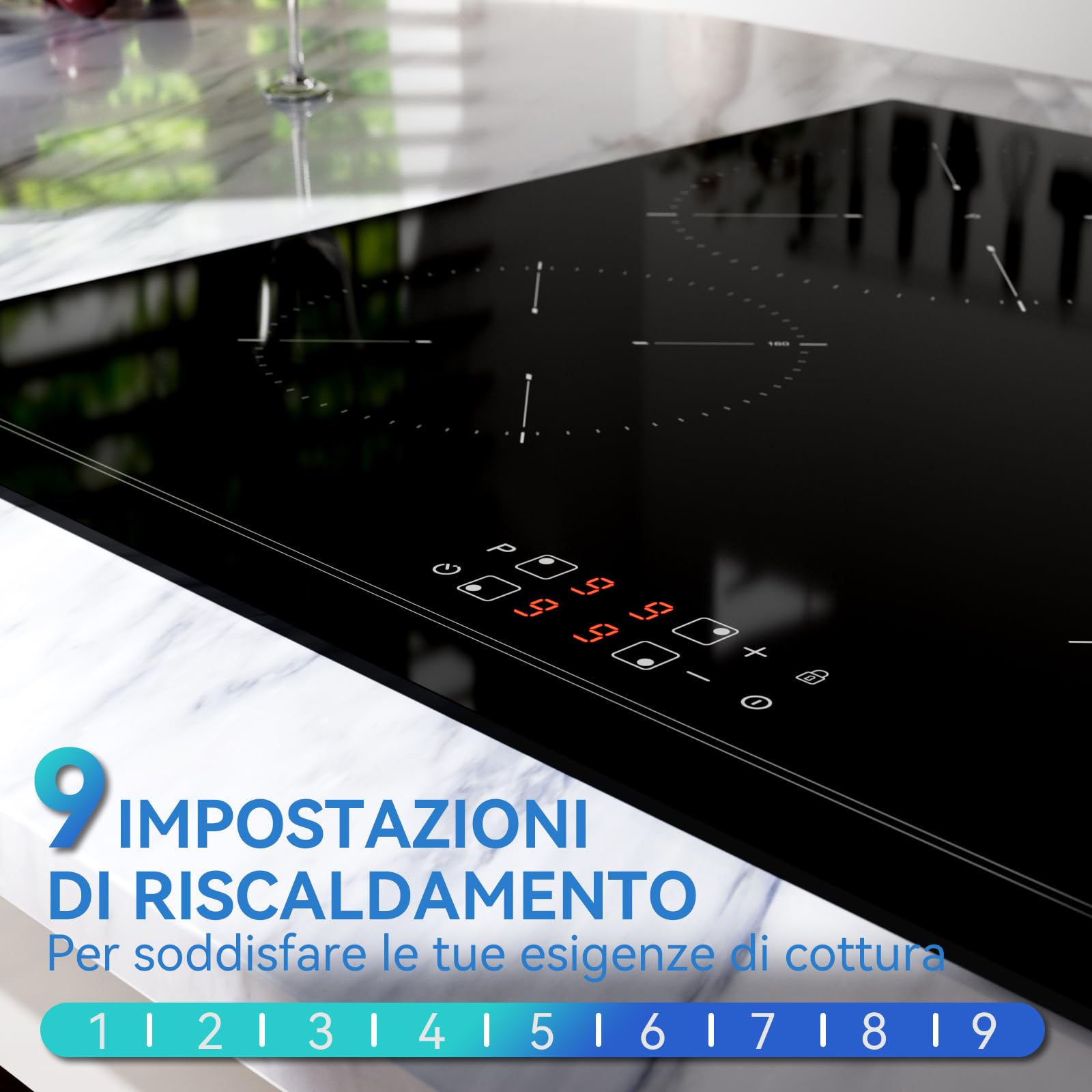 Hermitlux Piano Cottura a Induzione 4 Fuochi 60cm, 7200 W Piastra Induzione con Comandi Touch, Blocco Sicurezza e Timer Elettronico, Nero
