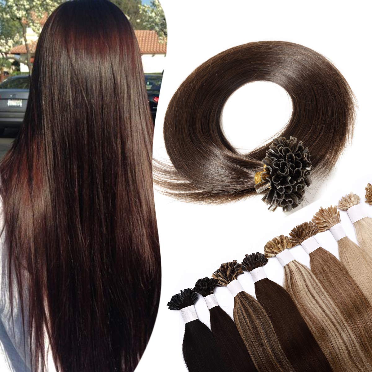 SEGO Extensions Echthaar Bondings Haarverlängerung Keratin U-Tip Human Hair 100 Strähnen Dunkelbraun#2 24"(61cm)-50g
