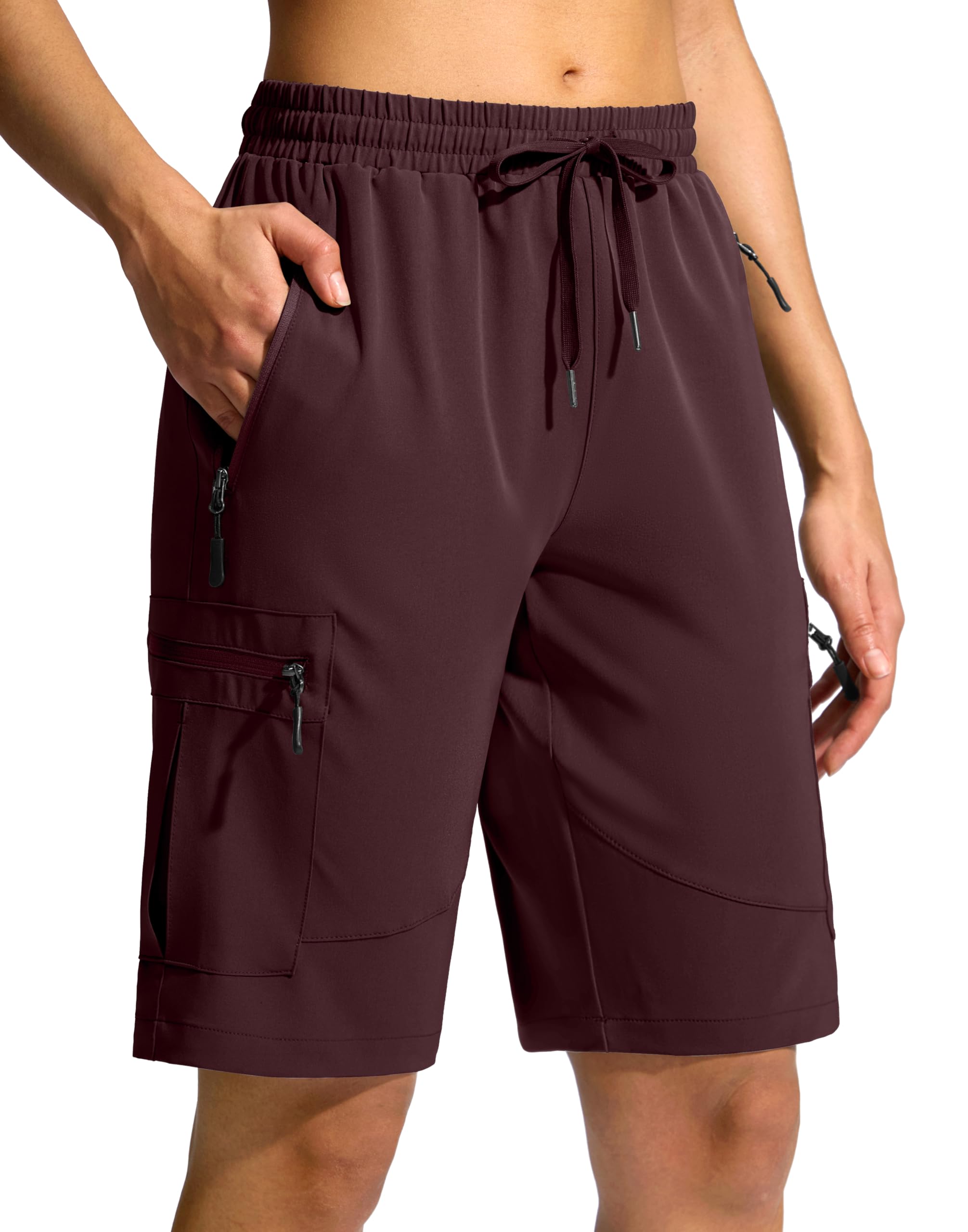 SANTINY Women's 10'' Lightweight Hiking Cargo Shorts with 5 Zipper Pockets Quick Dry Summer Long Travel Golf Shorts for Women (Wine_L)