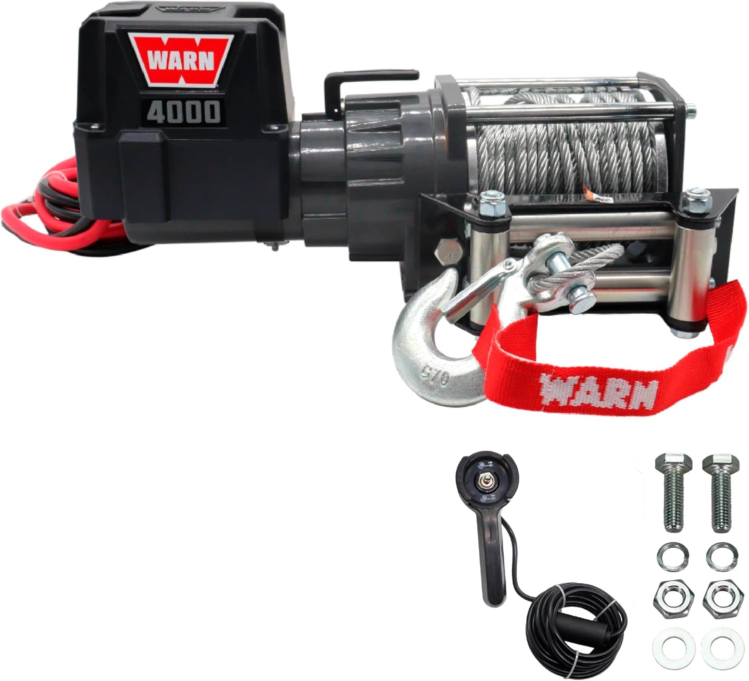 WARN 4000 DC 12V Utility Winch with Wire Rope - 4000 lb Pulling Capacity, 50' Galvanized Steel Cable, Roller Fairlead, Wired Remote - 94000 Portable 12 Volt Winch for UTV, ATV, Truck, Trailer