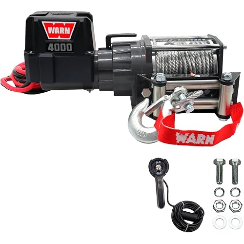 WARN 4000 DC 12V Utility Winch with Wire Rope - 4000 lb Pulling Capacity, 50' Galvanized Steel Cable, Roller Fairlead, Wired Remote - 94000 Portable 12 Volt Winch for UTV, ATV, Truck, Trailer