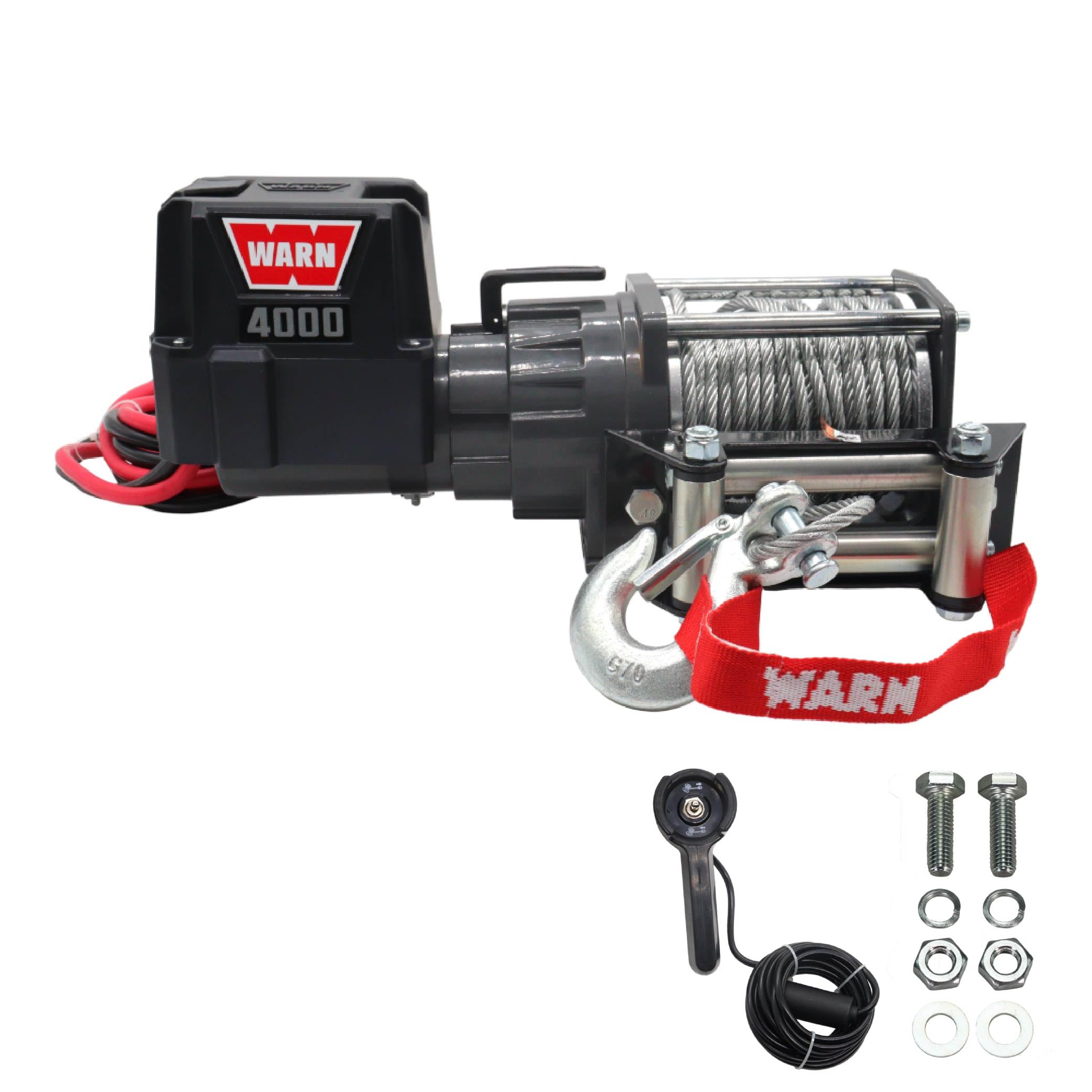 WARN 4000 DC 12V Utility Winch with Wire Rope - 4000 lb Pulling Capacity, 50' Galvanized Steel Cable, Roller Fairlead, Wired Remote - 94000 Portable 12 Volt Winch for UTV, ATV, Truck, Trailer