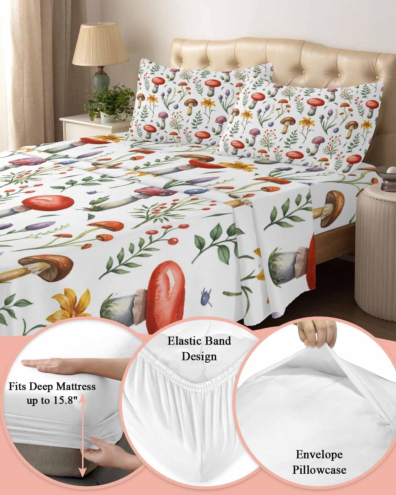 Cute Gnome Mushroom Plant Leaves Fitted Bed Sheets Twin XL Size Fit 5
