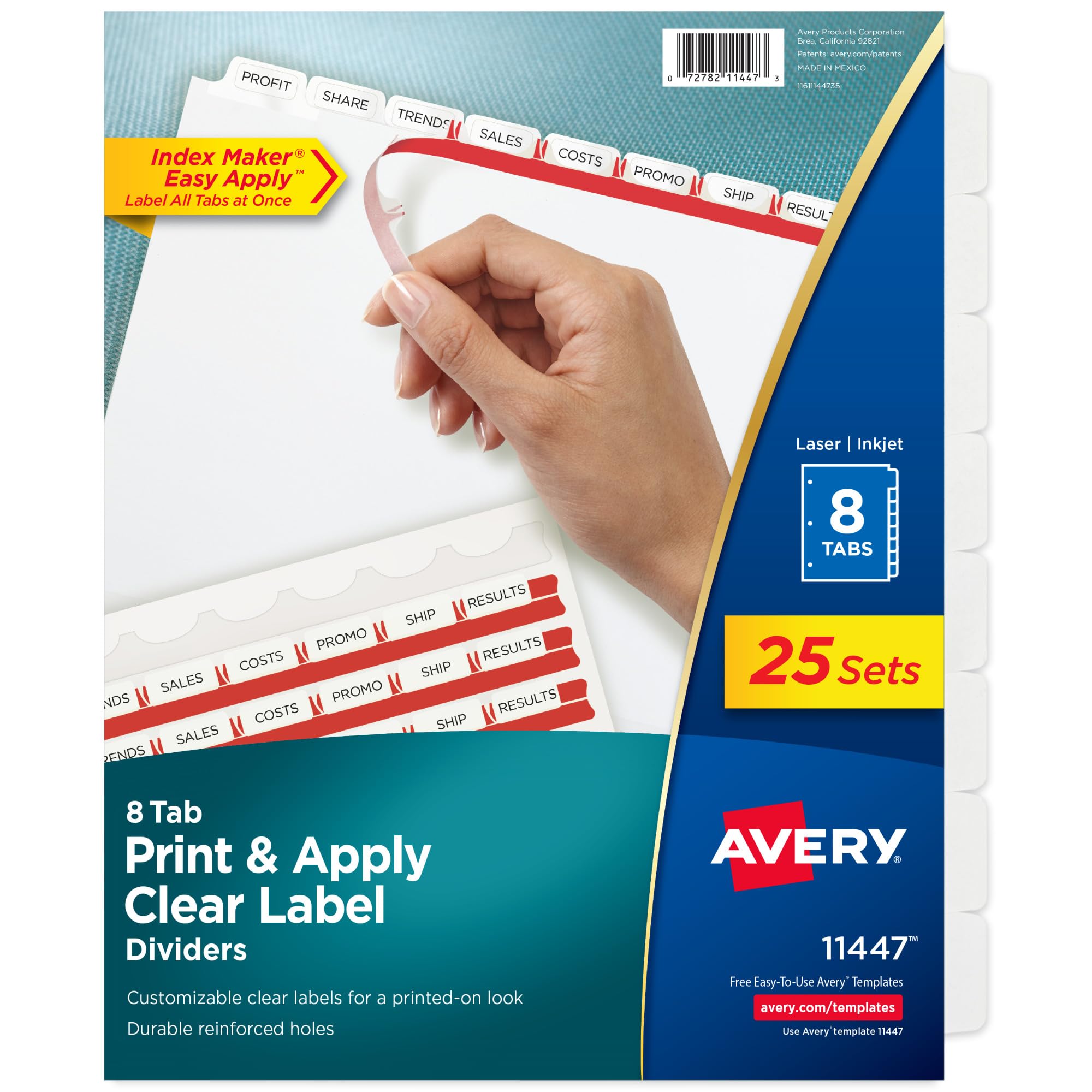 Avery 8-Tab Binder Dividers, Easy Print & Apply Clear Label Strip, Index Maker, White Tabs, 25 Sets (11447)