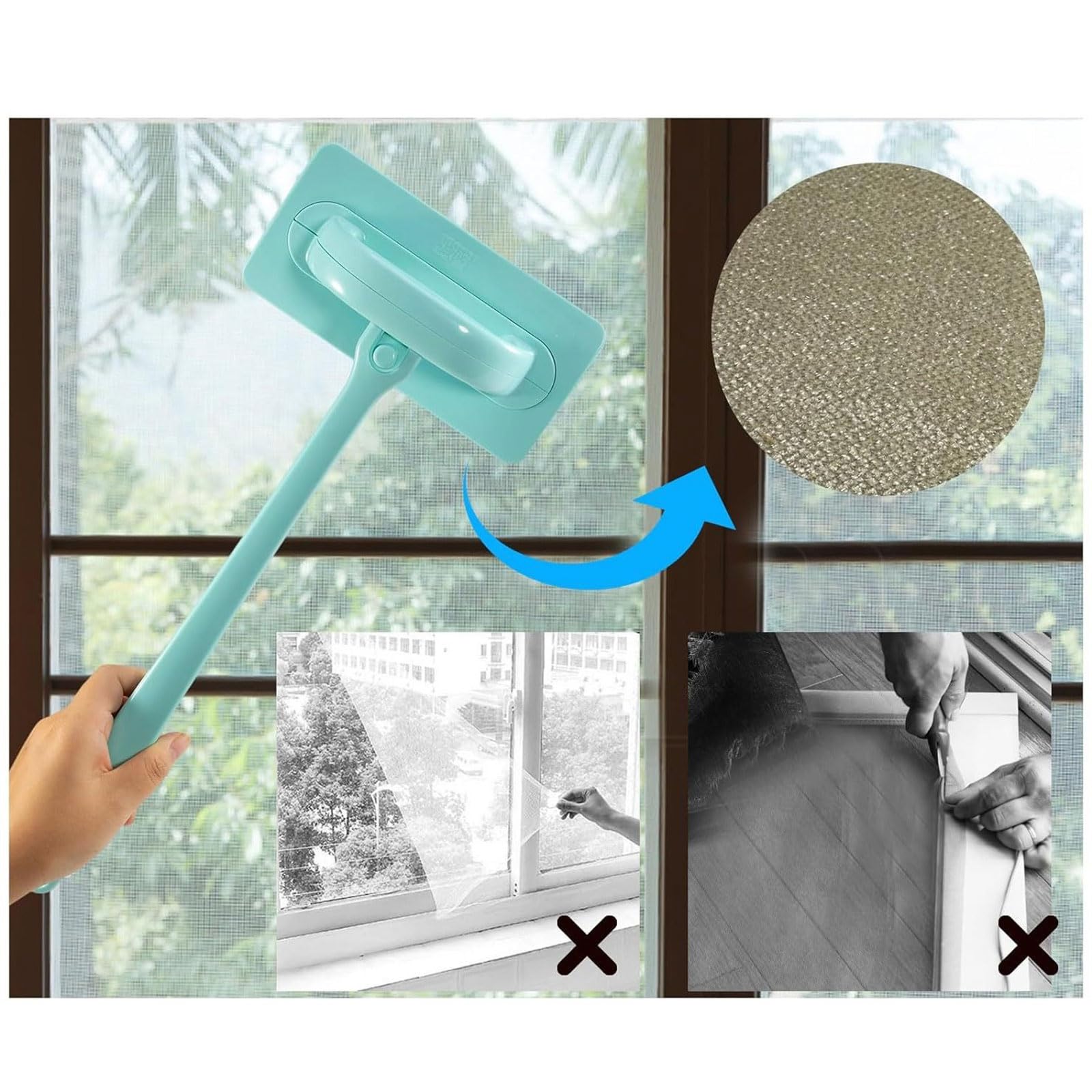 Set per la pulizia dei binari delle finestre a due scopi, con spazzole intercambiabili, 6 panni lavabili, manico estensibile da 37 cm