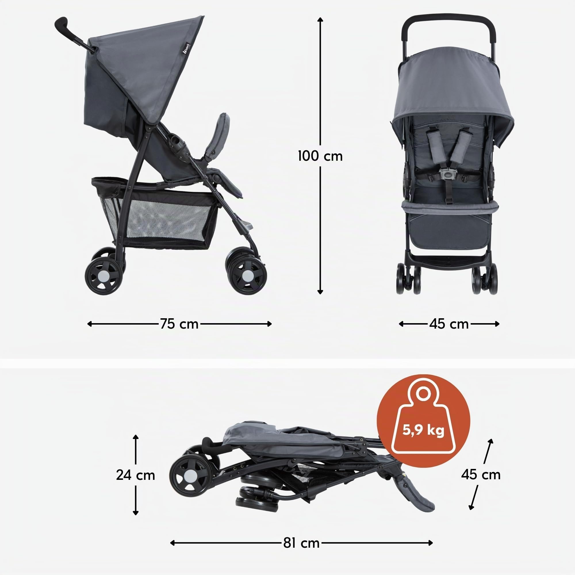 hauck Sport Carrito Bebe Ligero desde el Nacimiento - Silla de Paseo Reclinable para Niños hasta 15 kg - Carro Plegable Ultraligero 5,9 kg - Cesta Grande hasta 3 kg - Gris Oscuro
