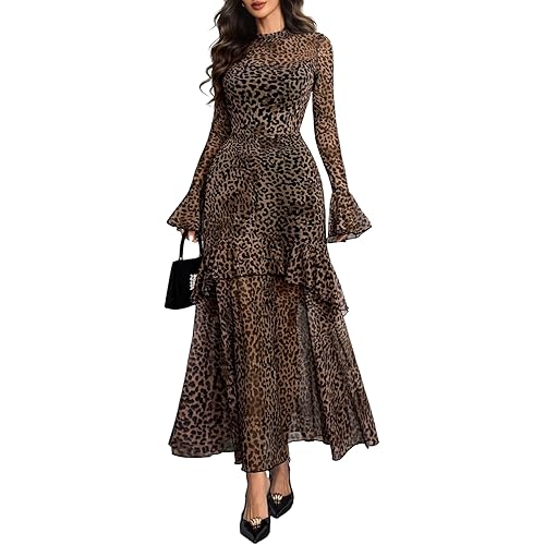 GothDark Womens Floral Maxi Dress Sheer Mesh Bell Sleeve Tiered Ruffle Gothic Romantic Casual Long Dresses