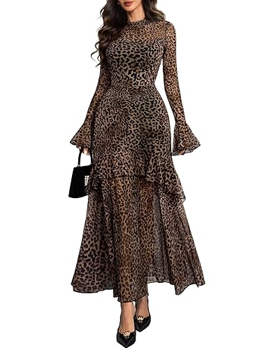 GothDark Womens Floral Maxi Dress Sheer Mesh Bell Sleeve Tiered