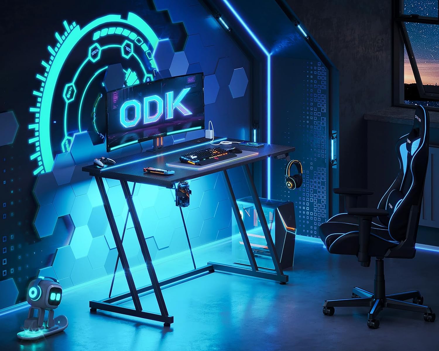 ODK Gaming Desk in a gaming room setup with blue LED lighting.