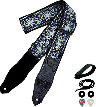 Rockyou 2" Wide Double-Layer Padded Guitar Strap with 4 Pick Holders, beauty Leather Ends & Metal BucklesBlue Garden