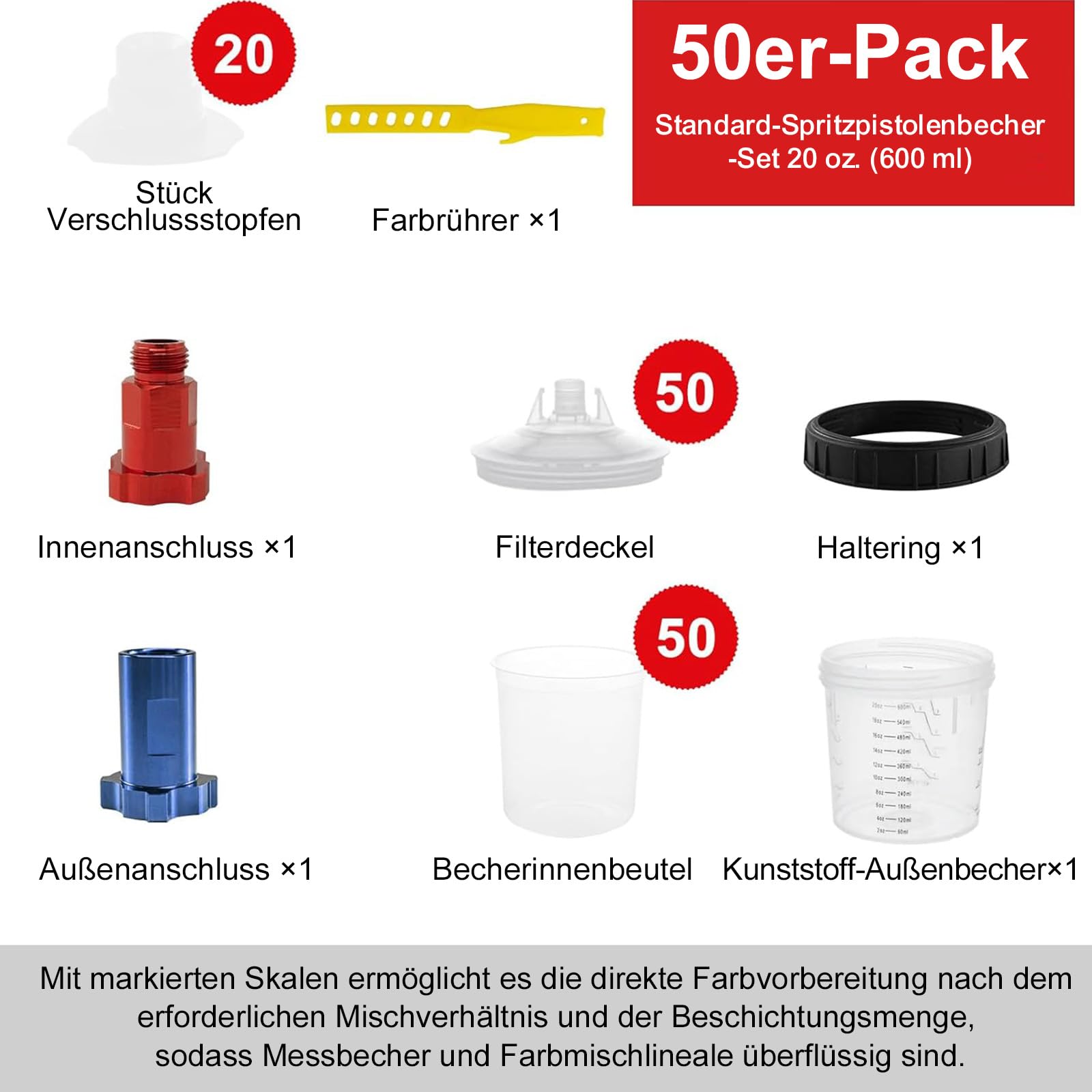 RRJ Juego de 50 vasos y tapas para pistolas de pintura desechables de 600 ml, sistema de pintura para pistolas de pintura HVLP y LVLP, 1 vaso duro con anillo de soporte y 20 tapones de cierre, 2