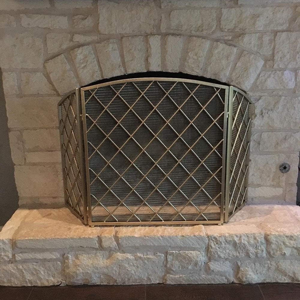 Ornate Gold 3-Panel Mesh Fireplace Screen - Wrought Iron Metal Spark Guard, Decorative Baby Safety Gate, Durable Steel Fire Place Cover for Indoor & Outdoor Use
