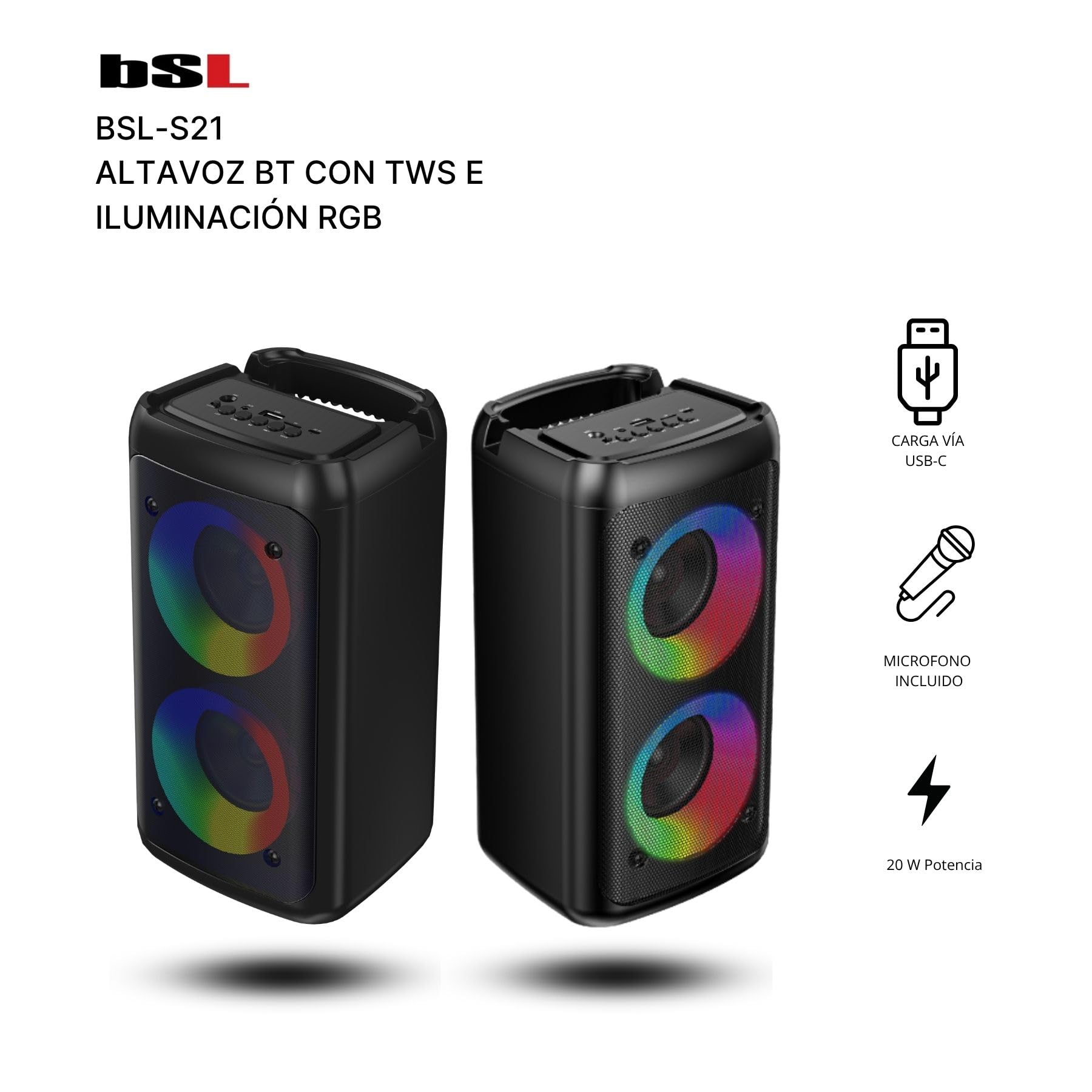 Altoparlante Bluetooth BSL-S21 con illuminazione sugli altoparlanti | 2 altoparlanti da 4 pollici | 20 W | Microfono in omaggio | Batteria da 2400 mAh | Lettore MP3 tramite USB | Ricarica USB-C