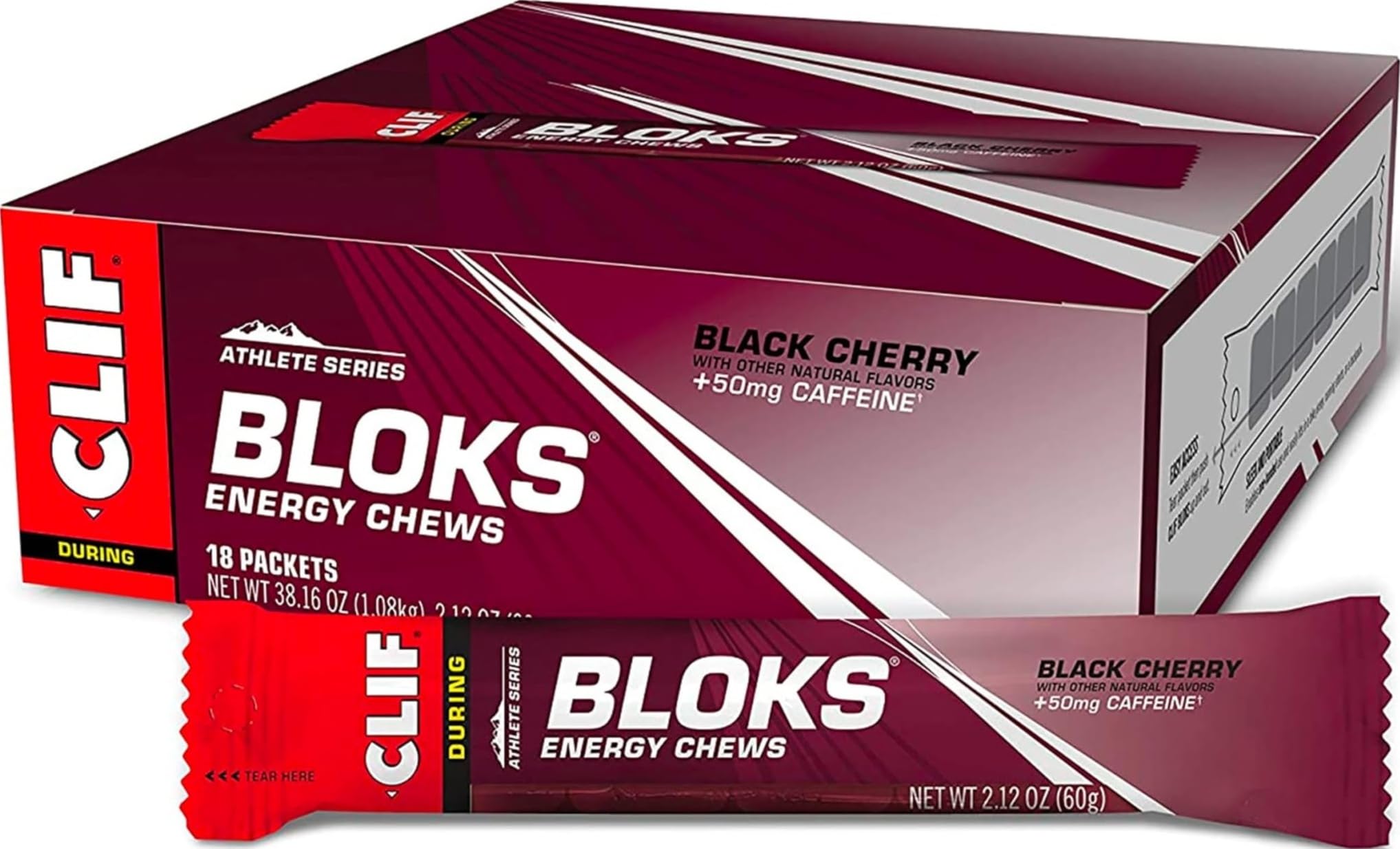 CLIF BLOKS Energy Chews, Black Cherry Flavor with Caffeine, 18 Packs 18 Count (Pack of 1)