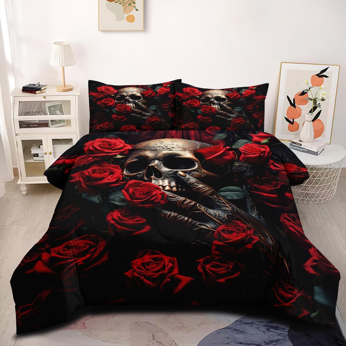 Highland Comforter Set King Size Gray Cow Print Floral Bedding Set 3Piece Farmhouse Country Rural Spring Flower Comforter with 2 Pillowcases for Bedroom Decor