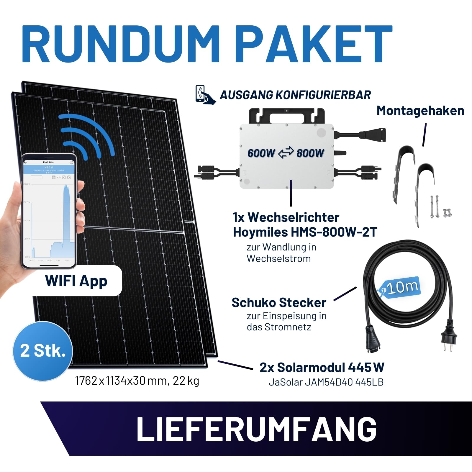 Balkonkraftwerk Komplettset I 890Wp Solarmodul, Hoymiles HMS-800W-2T Wechselrichter, flache 0° Balkonmontage & 10m Kabel I Bifaziale Solaranlage für 20% mehr Stromgewinnung von Zuhause