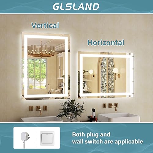Miniatura 7 de GLSLAND Espejo de baño con luz LED de 24 x 32 pulgadas, espejos de pared regulables con LED antivaho espejo de baño 2 colores de luz regulables,
