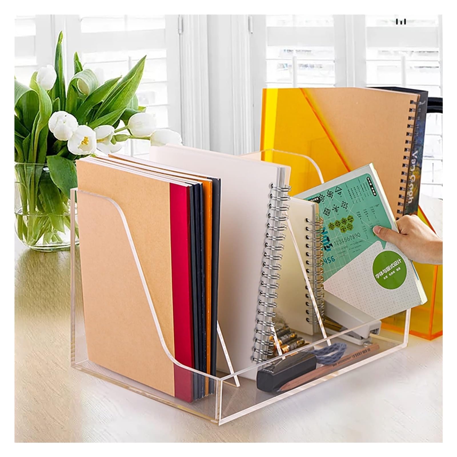 Organizador de escritorio de acrílico transparente con 3 secciones, estantería transparente para oficina, aula, aprendizaje (30,6 x 20,1 x 18,5 cm)