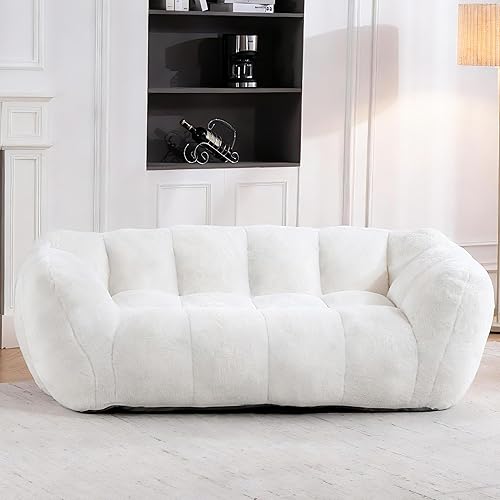 Mini Couch for Bedroom,Fluffy Bean Bag Couch for Adults,Small Curved Loveseat Couches,Cozy Cloud Loveseat Mini Bean Bag Sofa,Reading Chair for Living Room Bedroom,Beige
