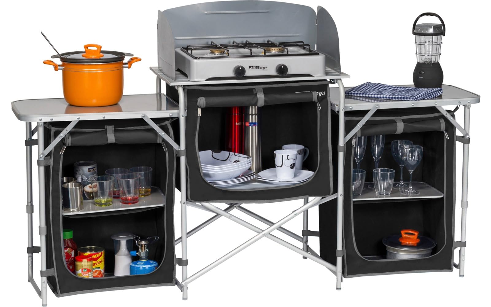 Campingküche XL, mobile Aluminium Küchenbox mit Windschutz, aufrollbare Arbeitsplatte, höhenverstellbare Füße, 5 Staufächer, tragbare Campingküche für Outdoor, Campingplatz, Reise und Kochen im Freien