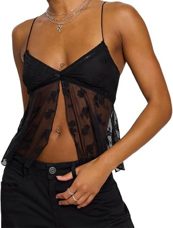 Women Floral Lace Camisole Y2k Sexy Cropped Lace Cami Tops Summer Spaghetti Strap V Neck See Through Tank Tops