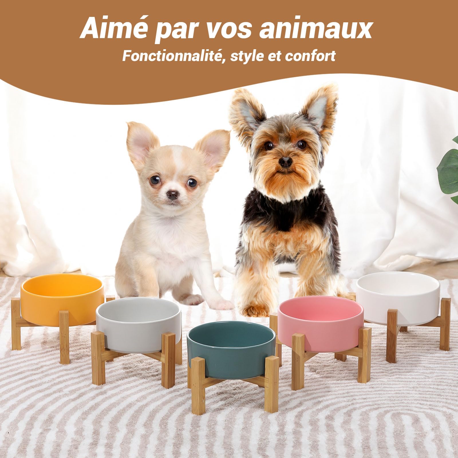 Gamelles surélevées en céramique Blanche pour Chat avec Support, gamelles surélevées pour Nourriture ou Eau pour Chats et Petits Chiens avec Coussinet en Caoutchouc antidérapant, Anti-Stress pour