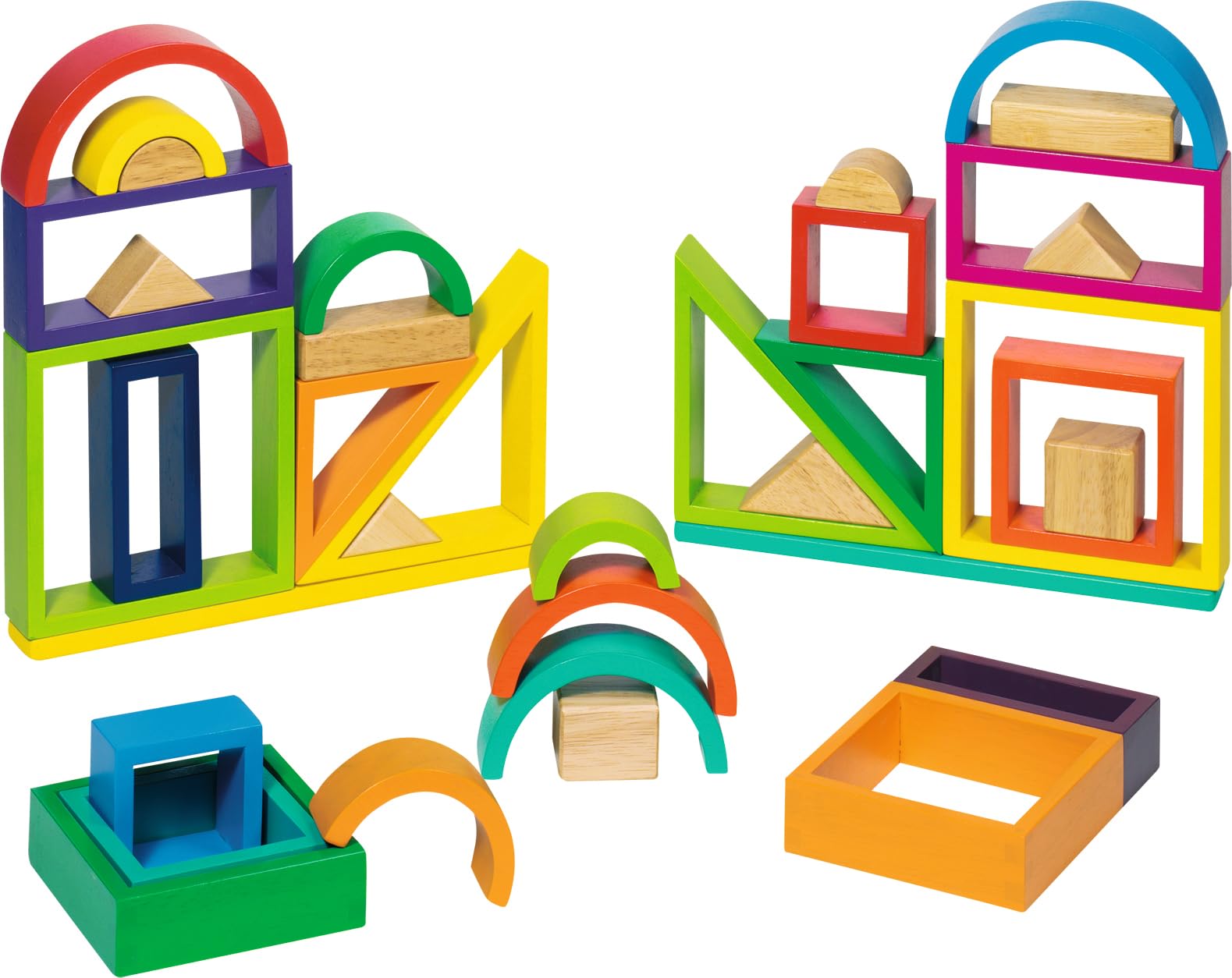 goki 58655- Bausteine Regenbogen aus Holz, kreatives Bauen mit unterschiedlichen Formen und Farben, ​​Aufbewahrung im Holzkasten, Motorikspielzeug für Kinder, 34 x 26 cm, 38er Set, ab 3 Jahre