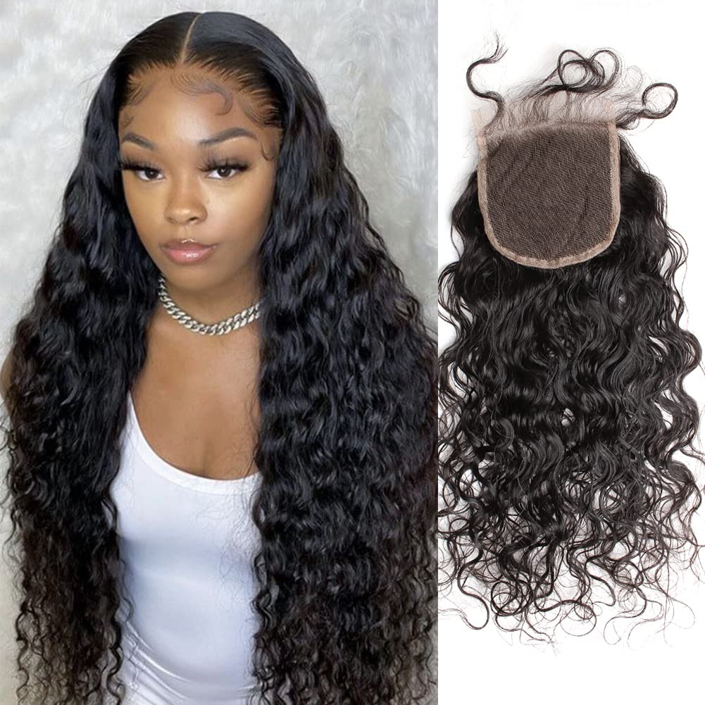 Water Wave 14inches 4 * 4 Lace Closure Human Hair Free Part 100% Unprocessed Brazilian Virgin Hair Closure with Baby Hair Bleached Knot Natural Color