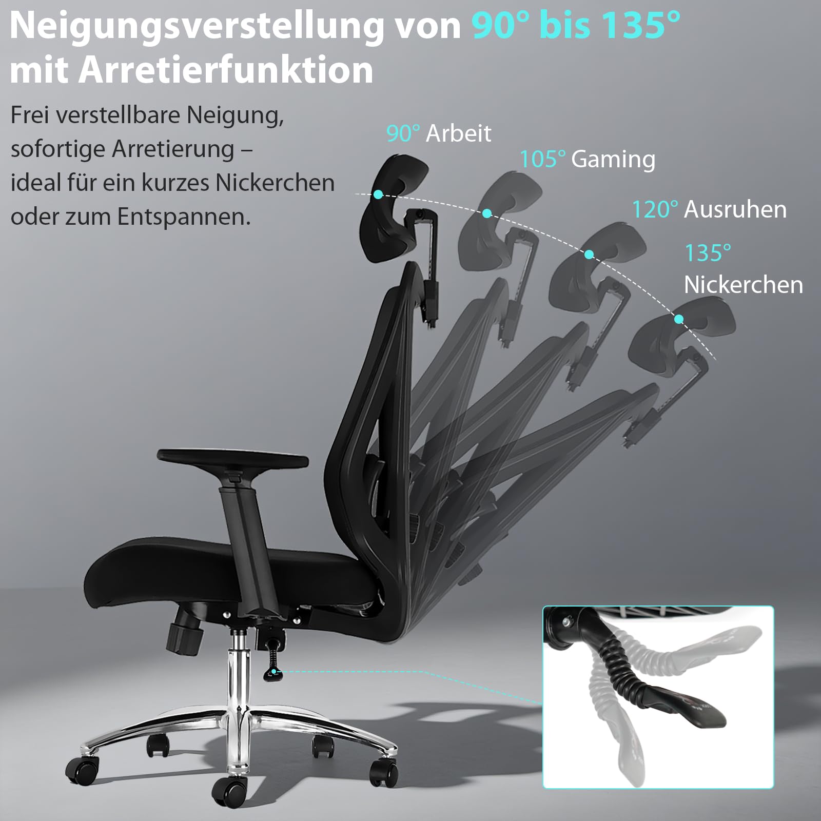 Sedia Ufficio Ergonomica, Sedia da Scrivania con Poggiatesta 2D e Supporto Lombare 4D, Poltrona Ufficio Reclinabile 90°-135°, Braccioli Regolabili, Portata 150 kg, Nero