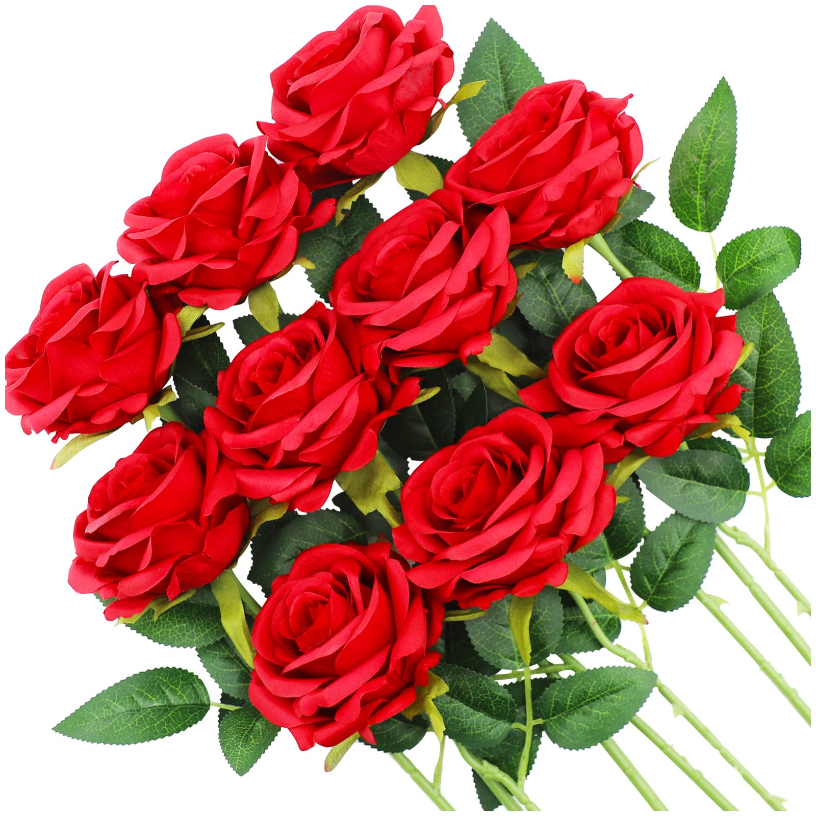 10PCS Fake Roses Red Roses Silk Artificial Flowers with Steam Bridal Bouquets for Party Wedding Decoration Table Centerpiece Arrangement (Red)